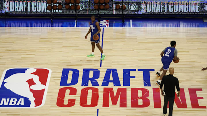 May 14, 2024; Chicago, IL, USA; Bronny James (50) participates in drills during the 2024 NBA Draft Combine  at Wintrust Arena. Mandatory Credit: David Banks-Imagn Images
