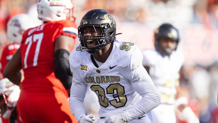 Oct 19, 2024; Tucson, Arizona, USA; Colorado Buffalos defensive end Samuel Okunlola (93) against the Arizona Wildcats at Arizona Stadium. Mandatory Credit: Mark J. Rebilas-Imagn Images