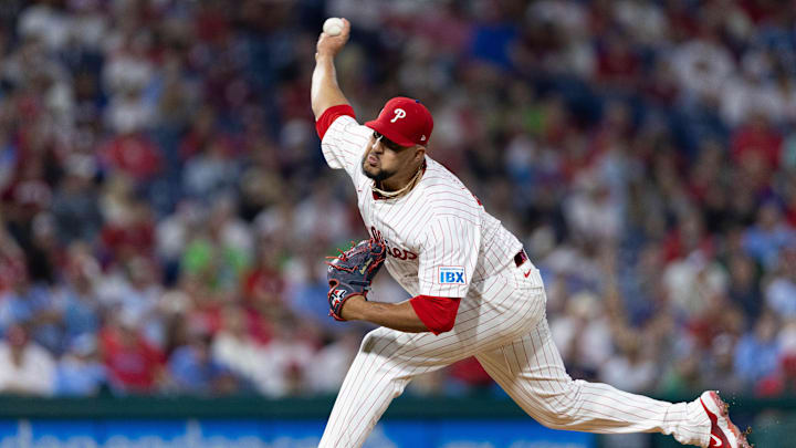 Sep 11, 2024; Philadelphia, Pennsylvania, USA; Philadelphia Phillies pitcher Carlos Estevez (53) throws a pitch during the ninth inning against the Tampa Bay Rays at Citizens Bank Park. Mandatory Credit: Bill Streicher-Imagn Images