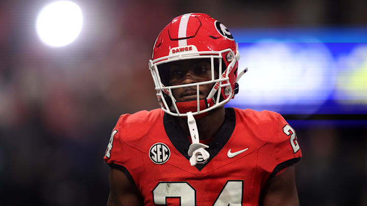 Dec 7, 2024; Atlanta, GA, USA; Georgia Bulldogs defensive back Malaki Starks (24) practices before the 2024 SEC Championship game at Mercedes-Benz Stadium. Mandatory Credit: Brett Davis-Imagn Images