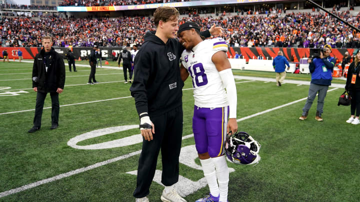 Former LSU teammates, Cincinnati Bengals quarterback Joe Burrow and Minnesota Vikings wide receiver Justin Jefferson greet each other after the game at Paycor Stadium