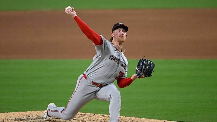 Sep 8, 2026; San Diego, California, USA;  Washington Nationals pitcher Clayton Beeter (39) delivers during the seventh inning against the San Diego Padres at Petco Park.  Mandatory Credit: Denis Poroy-Imagn Images