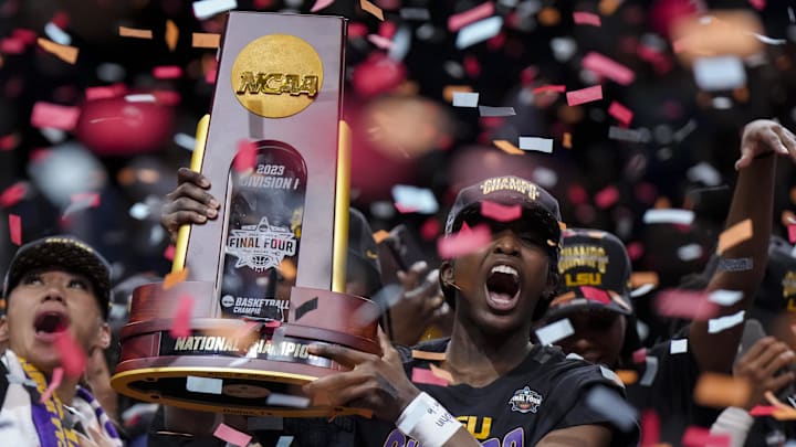 Apr 2, 2023; Dallas, TX, USA; LSU Lady Tigers guard Flau'jae Johnson celebrates with the tournament