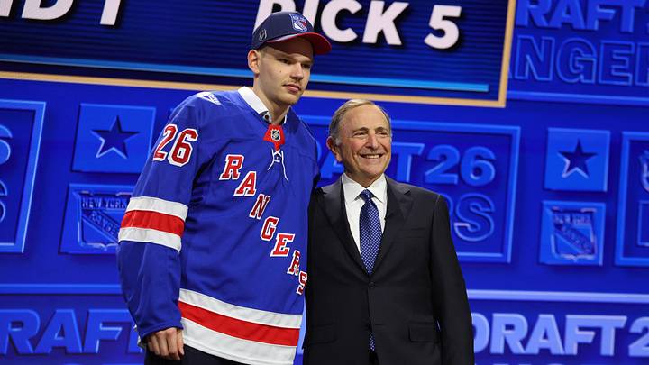 Jun 26, 2026; Buffalo, New York, USA; Alberts Smits reacts beside NHL commissioner Gary Bettman after being selected with the fifth pick in the first round of the 2026 NHL Draft by the New York Rangers at KeyBank Center. Mandatory Credit: Timothy T. Ludwig-Imagn Images Jun 26, 2026; Buffalo, New York, USA; Alberts Smits reacts beside NHL commissioner Gary Bettman after being selected with the fifth pick in the first round of the 2026 NHL Draft by the New York Rangers at KeyBank Center. Mandatory Credit: Timothy T. Ludwig-Imagn Images