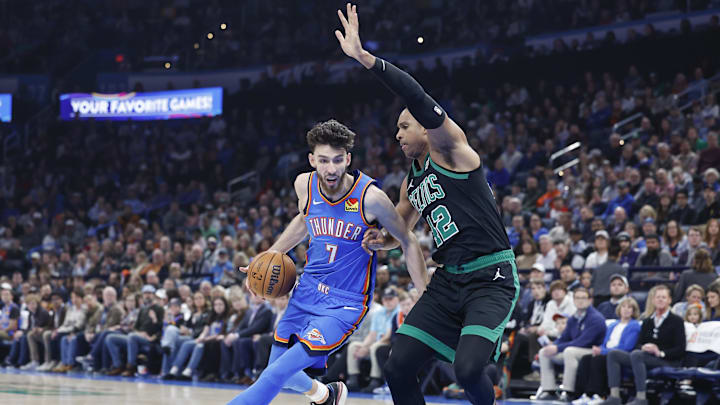 Jan 2, 2024; Oklahoma City, Oklahoma, USA; Oklahoma City Thunder forward Chet Holmgren (7) drives to