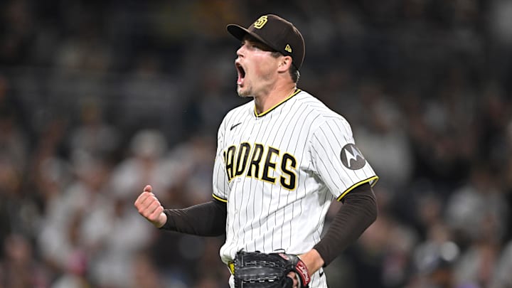 Mason Miller (22) reacts after pitching in the ninth inning against the Colorado Rockies at Petco Park. Mason Miller (22) reacts after pitching in the ninth inning against the Colorado Rockies at Petco Park.