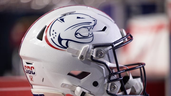 Sep 28, 2024; Baton Rouge, Louisiana, USA;  Detailed view of a South Alabama Jaguars helmet on the sidelines against the LSU Tigers during the second half at Tiger Stadium. Mandatory Credit: Stephen Lew-Imagn Images