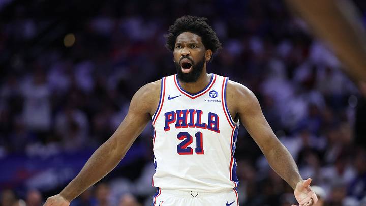 Philadelphia 76ers center Joel Embiid (21) reacts to a play against the New York Knicks during the first quarter of game three of the second round of the 2026 NBA Playoffs at Xfinity Mobile Arena on May 8, 2026. Philadelphia 76ers center Joel Embiid (21) reacts to a play against the New York Knicks during the first quarter of game three of the second round of the 2026 NBA Playoffs at Xfinity Mobile Arena on May 8, 2026.