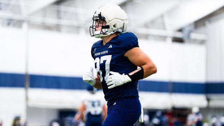 Penn State tight end Andrew Rappleyea participates during a practice session inside Holuba Hall on Monday, August 10, 2026, in State College. Penn State tight end Andrew Rappleyea participates during a practice session inside Holuba Hall on Monday, August 10, 2026, in State College.