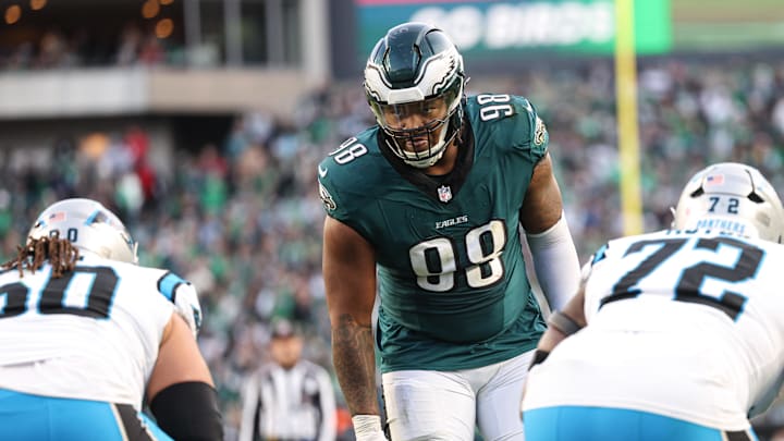 Dec 8, 2024; Philadelphia, Pennsylvania, USA;  Philadelphia Eagles defensive tackle Jalen Carter (98) lines up for a play against the Carolina Panthers at Lincoln Financial Field. Mandatory Credit: Bill Streicher-Imagn Images