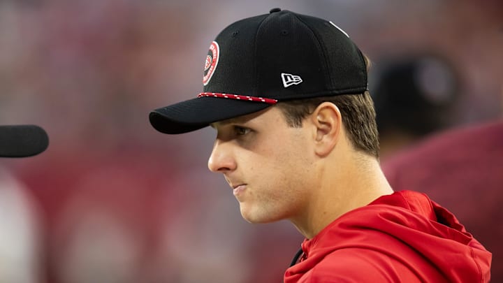 Jan 5, 2025; Glendale, Arizona, USA; San Francisco 49ers quarterback Brock Purdy against the Arizona Cardinals at State Farm Stadium. Mandatory Credit: Mark J. Rebilas-Imagn Images