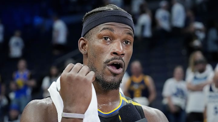 May 6, 2025; Minneapolis, Minnesota, USA; Golden State Warriors forward Jimmy Butler (10) conducts an interview after defeating the Minnesota Timberwolves during game one of the second round for the 2025 NBA Playoffs at Target Center. Mandatory Credit: Bruce Kluckhohn-Imagn Images May 6, 2025; Minneapolis, Minnesota, USA; Golden State Warriors forward Jimmy Butler (10) conducts an interview after defeating the Minnesota Timberwolves during game one of the second round for the 2025 NBA Playoffs at Target Center. Mandatory Credit: Bruce Kluckhohn-Imagn Images