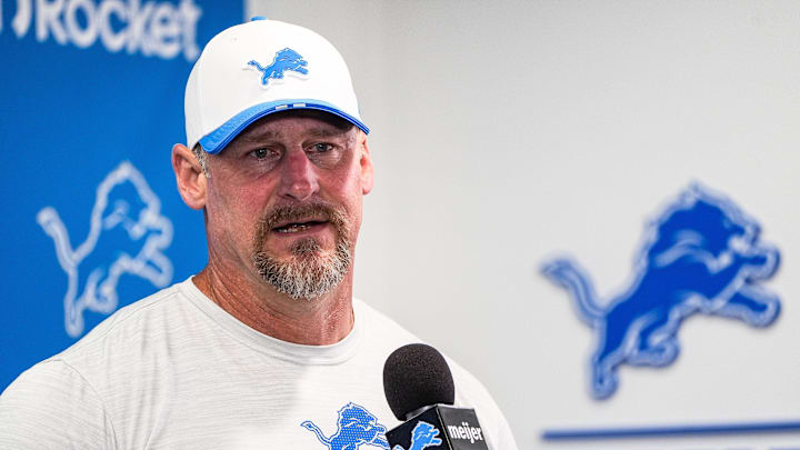 Detroit Lions head coach Dan Campbell speaks at a press conference during training camp at Meijer Performance Center in Allen Park on Sunday, July 20, 2025.