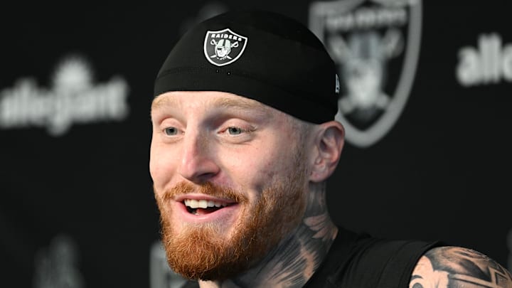 Jul 26, 2023; Las Vegas, Nevada, USA; Las Vegas Raiders defensive end Maxx Crosby (98) speaks during a press conference during training camp at the Intermountain Health Performance Center. Mandatory Credit: Candice Ward-Imagn Images