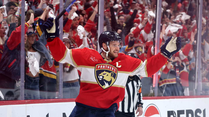 Aleksander Barkov #16 of the Florida Panthers celebrates after scoring a goal against the Carolina Hurricanes during the third period in Game Three of the Eastern Conference Final of the 2025 Stanley Cup Playoffs at Amerant Bank Arena on May 24, 2025 in Sunrise, Florida. 