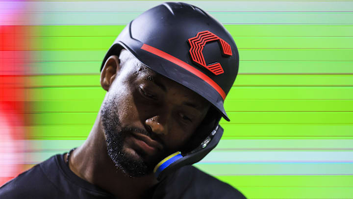 Aug 29, 2025: Cincinnati Reds designated hitter Miguel Andujar (38) stands on the field during a pitching change in the eighth inning against the St. Louis Cardinals at Great American Ball Park. 