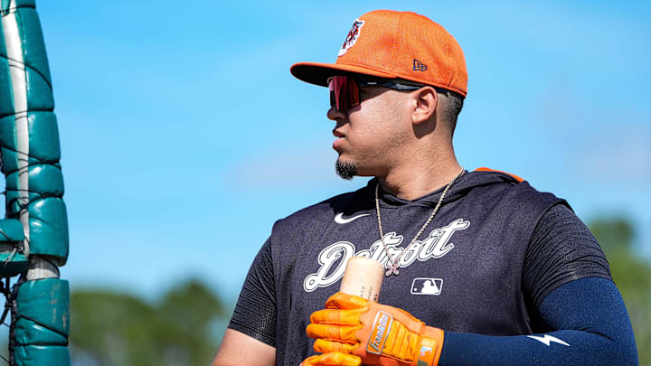 Detroit Tigers catcher Thayron Liranzo walks out of batting cage after practice during spring training at TigerTown in Lakeland, Fla. on Saturday, Feb. 15, 2025.