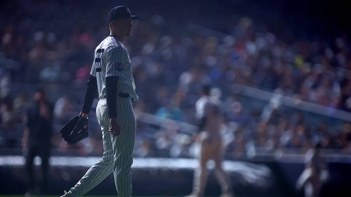 Aug 5, 2026; Bronx, New York, USA; New York Yankees starting pitcher Will Warren (29) reacts as some of the stadium lights go out during the first inning against the St. Louis Cardinals at Yankee Stadium. Mandatory Credit: Brad Penner-Imagn Images Aug 5, 2026; Bronx, New York, USA; New York Yankees starting pitcher Will Warren (29) reacts as some of the stadium lights go out during the first inning against the St. Louis Cardinals at Yankee Stadium. Mandatory Credit: Brad Penner-Imagn Images