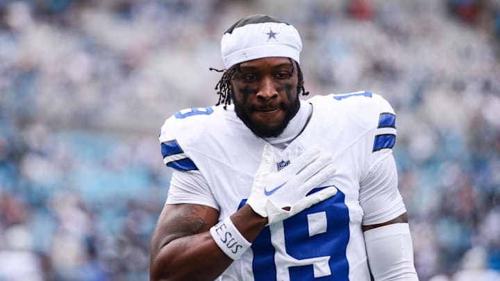 Oct 12, 2025; Charlotte, North Carolina, USA; Dallas Cowboys wide receiver Ryan Flournoy (19) looks on before the start of the game against the Carolina Panthers at Bank of America Stadium. 