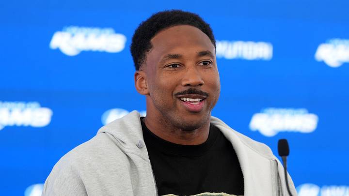 Jun 2, 2026; Woodland Hills, CA, USA; Los Angeles Rams defensive end Myles Garrett at press conference at Rams Practice Facility. Mandatory Credit: Kirby Lee-Imagn Images