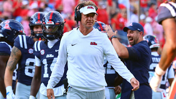 Sep 20, 2025; Oxford, Mississippi, USA; Mississippi Rebels head coach Lane Kiffin looks on during the fourth quarter against the Tulane Green Wave at Vaught-Hemingway Stadium. Mandatory Credit: Petre Thomas-Imagn Images