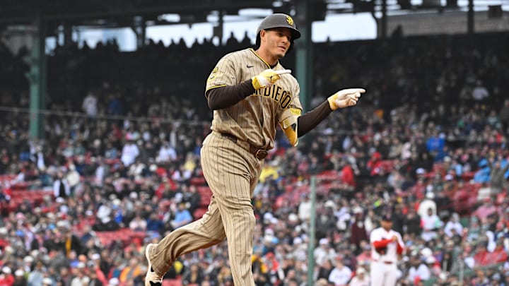 Apr 5, 2026; Boston, Massachusetts, USA; San Diego Padres third baseman Manny MacHado (13) celebrates his three run home run against the Boston Red Sox during the fifth inning at Fenway Park. Mandatory Credit: Eric Canha-Imagn Images