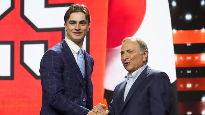 Jun 27, 2025; Los Angeles, California, USA; Porter Martone is selected as the sixth overall pick to the Philadelphia Flyers in the first round of the 2025 NHL Draft at Peacock Theater. Mandatory Credit: Kirby Lee-Imagn Images
