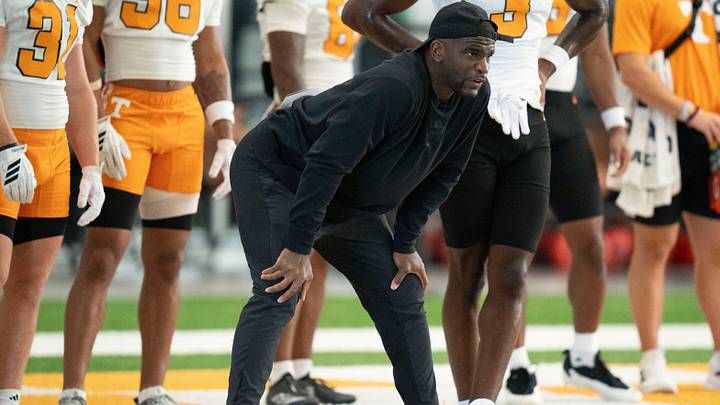 Wide receivers coach Kelsey Pope, during Tennessee football preseason practice in Knoxville, Tennessee, Aug. 14, 2026. Wide receivers coach Kelsey Pope, during Tennessee football preseason practice in Knoxville, Tennessee, Aug. 14, 2026.