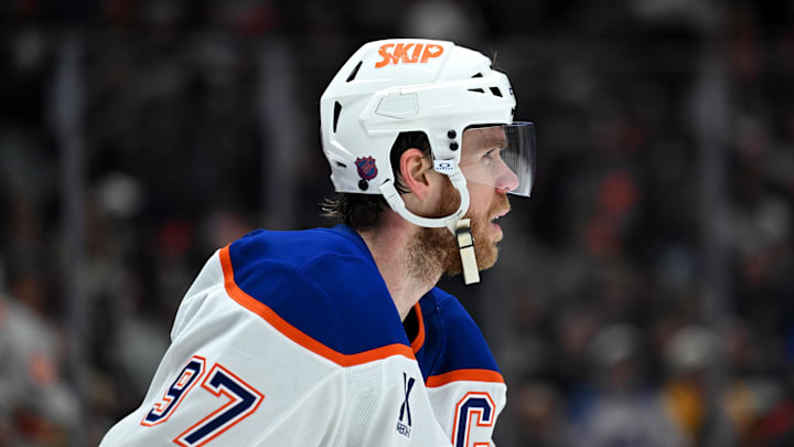 Apr 11, 2026; Los Angeles, California, USA; Edmonton Oilers center Connor McDavid (97) at Crypto.com Arena. Mandatory Credit: Griffin Hooper-Imagn Images