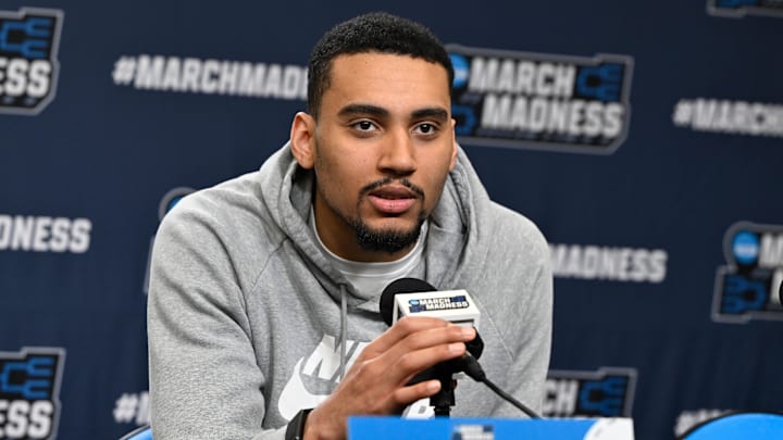 Purdue Boilermakers forward Trey Kaufman-Renn (4) takes questions from the media