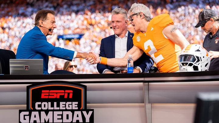 Johnny Knoxville, right, shakes hands with Nick Saban, left, during ESPN’s College GameDay before a college football game between Tennessee and Texas at Neyland Stadium in Knoxville, Tenn. on Sept. 26, 2026. Johnny Knoxville, right, shakes hands with Nick Saban, left, during ESPN’s College GameDay before a college football game between Tennessee and Texas at Neyland Stadium in Knoxville, Tenn. on Sept. 26, 2026.