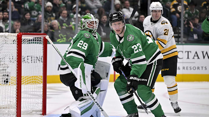 Jan 20, 2026; Dallas, Texas, USA;  Dallas Stars goaltender Jake Oettinger (29) and defenseman Esa Lindell (23) faces the Boston Bruins attack during the third period at the American Airlines Center. Mandatory Credit: Jerome Miron-Imagn Images