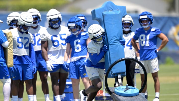 May 28, 2024; Thousand Oaks, CA, USA; Los Angeles Rams safety Kenny Logan Jr. (46) participates in drills during OTAs at the team training facility at California Lutheran University. Mandatory Credit: Jayne Kamin-Oncea-USA TODAY Sports