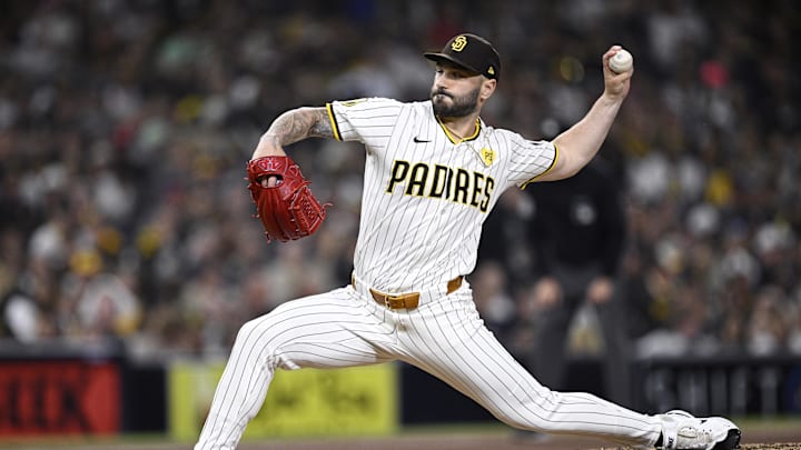 Sep 21, 2024; San Diego, California, USA; San Diego Padres relief pitcher Tanner Scott (66) pitches against the Chicago White Sox during the eighth inning at Petco Park. Sep 21, 2024; San Diego, California, USA; San Diego Padres relief pitcher Tanner Scott (66) pitches against the Chicago White Sox during the eighth inning at Petco Park.