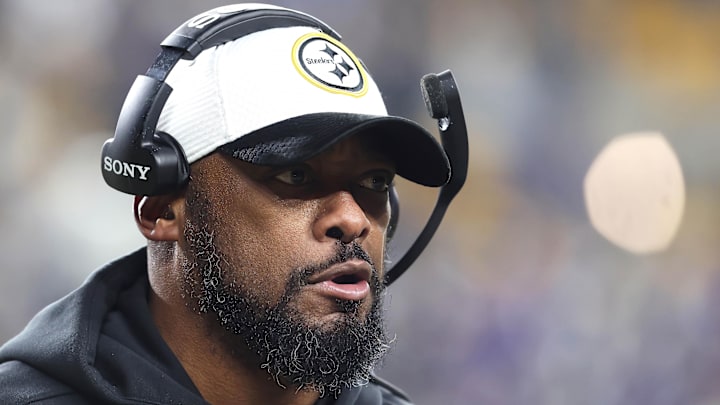 Jan 4, 2026; Pittsburgh, Pennsylvania, USA; Pittsburgh Steelers head coach Mike Tomlin reacts against the Baltimore Ravens during the second half at Acrisure Stadium. Mandatory Credit: Charles LeClaire-Imagn Images
