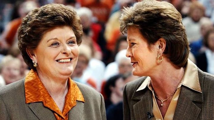 Dec 21, 2002; Austin, TX, USA; The UT womens basketball team defeated Tennessee 63-62 Saturday night at the Erwin Center. Texas coach Jody Conradt chats with Tennessee coach Pat Summitt before the game. Mandatory Credit:  Peter Yang/Austin American-Statesman-USA TODAY NETWORK 
