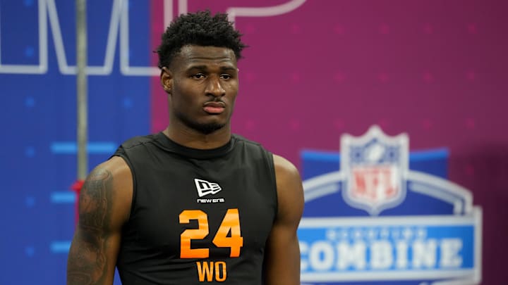 Feb 28, 2026; Indianapolis, IN, USA; Georgia State wideout Ted Hurst (WO24) during the NFL Scouting Combine at Lucas Oil Stadium. Mandatory Credit: Kirby Lee-Imagn Images Feb 28, 2026; Indianapolis, IN, USA; Georgia State wideout Ted Hurst (WO24) during the NFL Scouting Combine at Lucas Oil Stadium. Mandatory Credit: Kirby Lee-Imagn Images