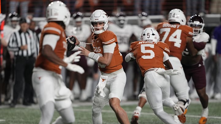 Nov 28, 2025; Austin, Texas, USA; Texas Longhorns quarterback Arch Manning throws a pass during the first half against the Texas A&M Aggies at Darrell K Royal-Texas Memorial Stadium. Mandatory Credit: Scott Wachter-Imagn Images