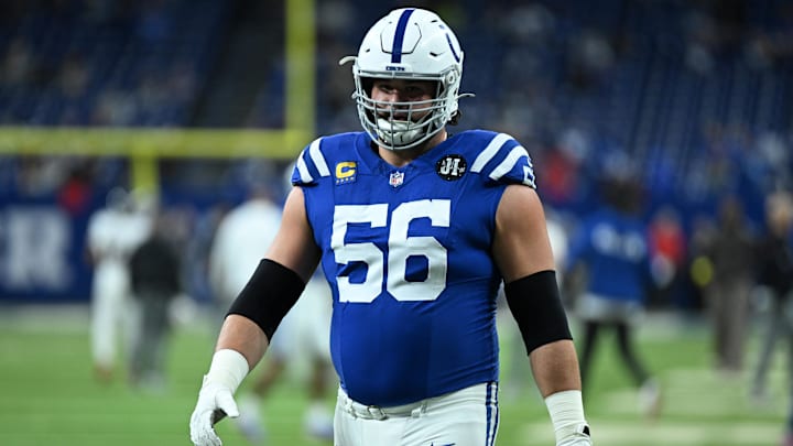 Nov 30, 2025; Indianapolis, Indiana, USA; Indianapolis Colts guard Quenton Nelson (56) warms up before a game against the Houston Texans at Lucas Oil Stadium. Mandatory Credit: Robert Goddin-Imagn Images