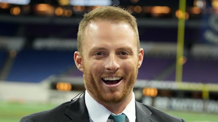 Greg McElroy attends the 2022 CFP college football national championship game 