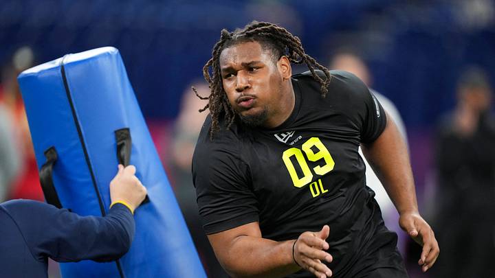 Feb 26, 2026; Indianapolis, IN, USA; Tennessee defensive lineman Bryson Eason (DL09) during the NFL Scouting Combine  at Lucas Oil Stadium. Mandatory Credit: Kirby Lee-Imagn Images