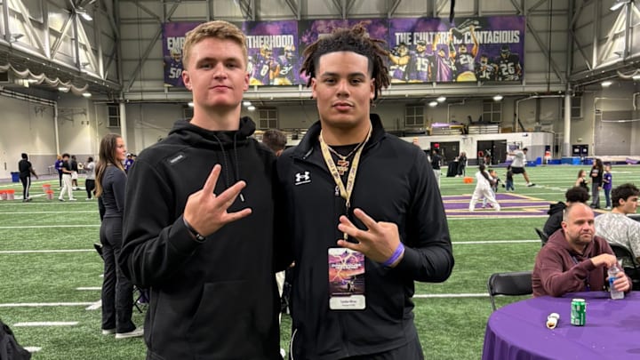 Recruits Brady Smigiel and Landen Miree share a moment at UW's Junior Day.