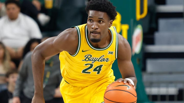 Mar 7, 2026; Waco, Texas, USA; Baylor Bears guard Tounde Yessoufou (24) dribbles the ball up court against the Utah Utes during the first half at Paul and Alejandra Foster Pavilion. Mandatory Credit: Chris Jones-Imagn Images Mar 7, 2026; Waco, Texas, USA; Baylor Bears guard Tounde Yessoufou (24) dribbles the ball up court against the Utah Utes during the first half at Paul and Alejandra Foster Pavilion. Mandatory Credit: Chris Jones-Imagn Images