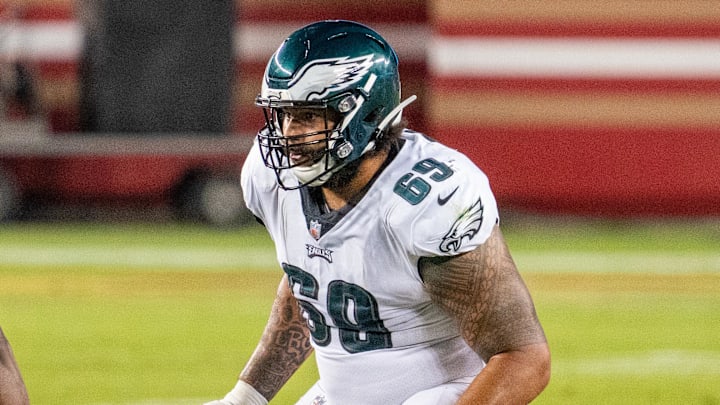 October 4, 2020; Santa Clara, California, USA; Philadelphia Eagles offensive guard Matt Pryor (69) during the fourth quarter against the San Francisco 49ers at Levi's Stadium. Mandatory Credit: Kyle Terada-Imagn Images