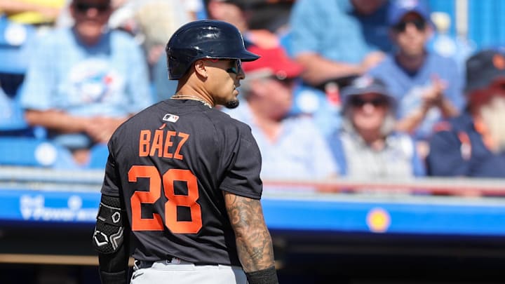 Dunedin, Florida, USA; Detroit Tigers shortstop Javier Baez (28) walks off after striking out against the Toronto Blue Jays in the third inning during spring training at TD Ballpark.