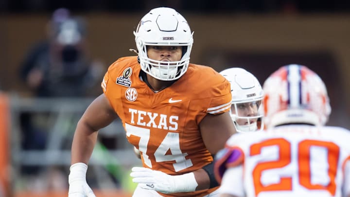 Dec 21, 2024; Austin, Texas, USA; Texas Longhorns offensive lineman Trevor Goosby (74) against the Clemson Tigers during the CFP National playoff first round at Darrell K Royal-Texas Memorial Stadium. Mandatory Credit: Mark J. Rebilas-Imagn Images Dec 21, 2024; Austin, Texas, USA; Texas Longhorns offensive lineman Trevor Goosby (74) against the Clemson Tigers during the CFP National playoff first round at Darrell K Royal-Texas Memorial Stadium. Mandatory Credit: Mark J. Rebilas-Imagn Images