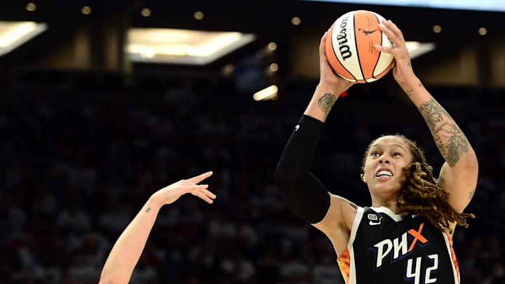 Oct 10, 2021; Phoenix, Arizona, USA; Phoenix Mercury center Brittney Griner (42) shoots against the Chicago Sky during the second half of game one of the 2021 WNBA Finals at Footprint Center. Mandatory Credit: Joe Camporeale-Imagn Images