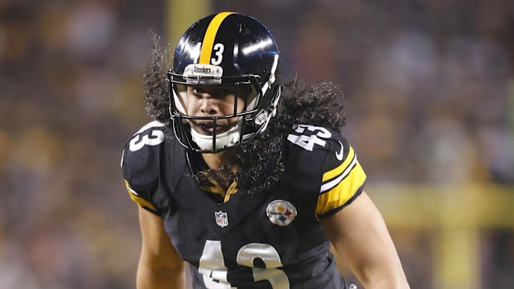 Jan 3, 2015; Pittsburgh, PA, USA; Pittsburgh Steelers strong safety Troy Polamalu (43) rushes at the line of scrimmage against the Baltimore Ravens during the first quarter in the 2014 AFC Wild Card playoff football game at Heinz Field. The Ravens won 30-17. Mandatory Credit: Charles LeClaire-Imagn Images