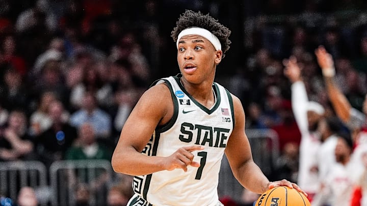 Michigan State guard Jeremy Fears Jr. (1) dribbles against Ole Miss during the second half of the Sweet 16 round of NCAA tournament at State Farm Arena in Atlanta, Ga. on Friday, March 28, 2025.