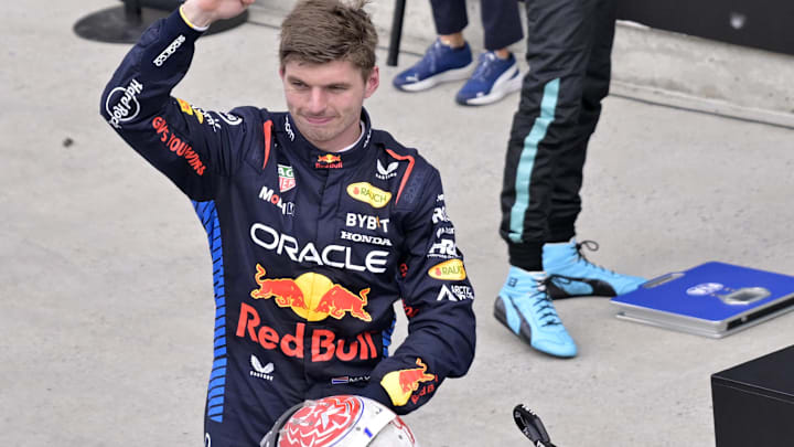 Jun 9, 2024; Montreal, Quebec, CAN;  Red Bull Racing driver Max Verstappen (NED) reacts after winning the Canadian Grand Prix at Circuit Gilles Villeneuve. Mandatory Credit: Eric Bolte-USA TODAY Sports